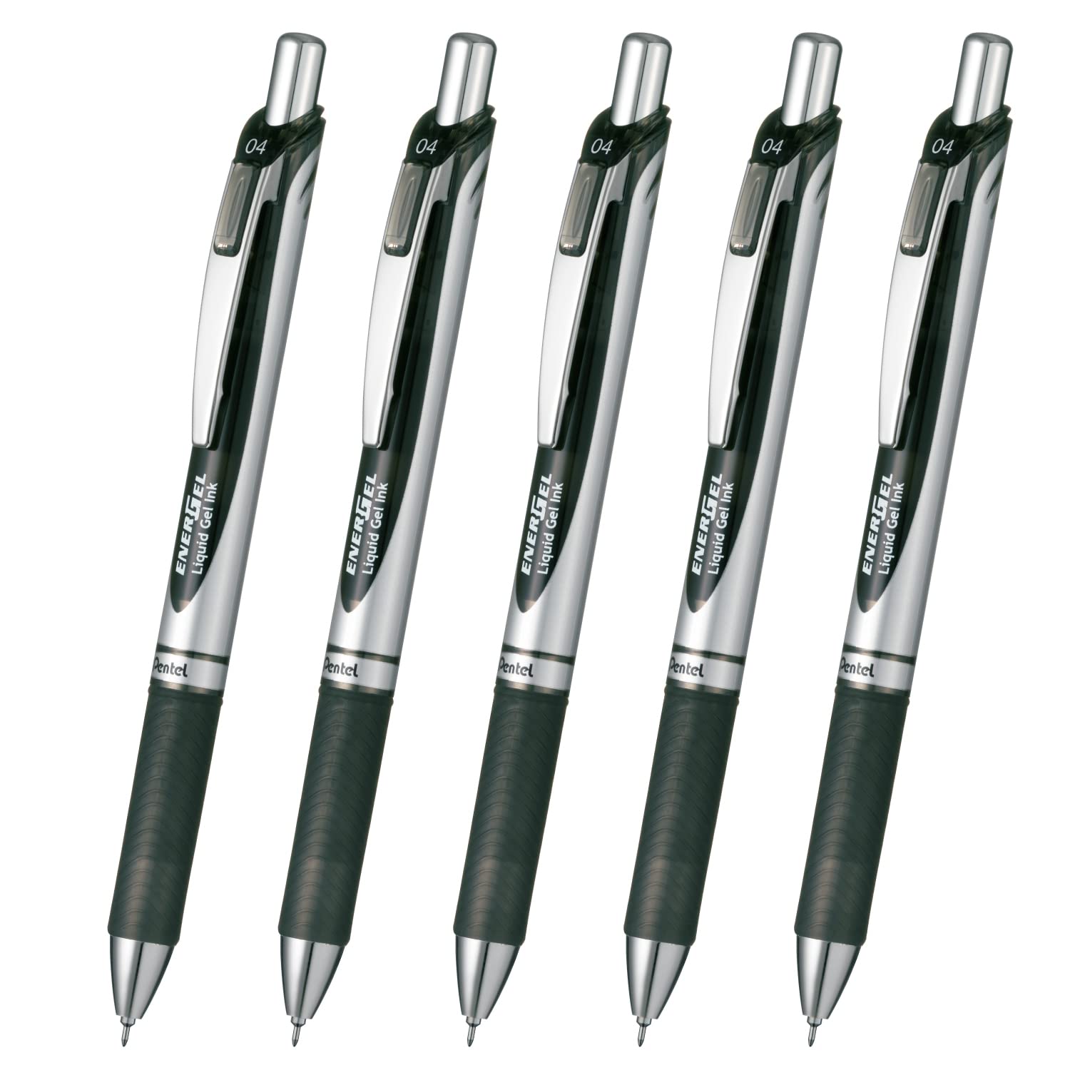 

Pentel Energel Gel Ink Ballpoint Knock Silver 5 Pens Pen, Type, 0.4mm, Barrel, XBLN74-A, Black,