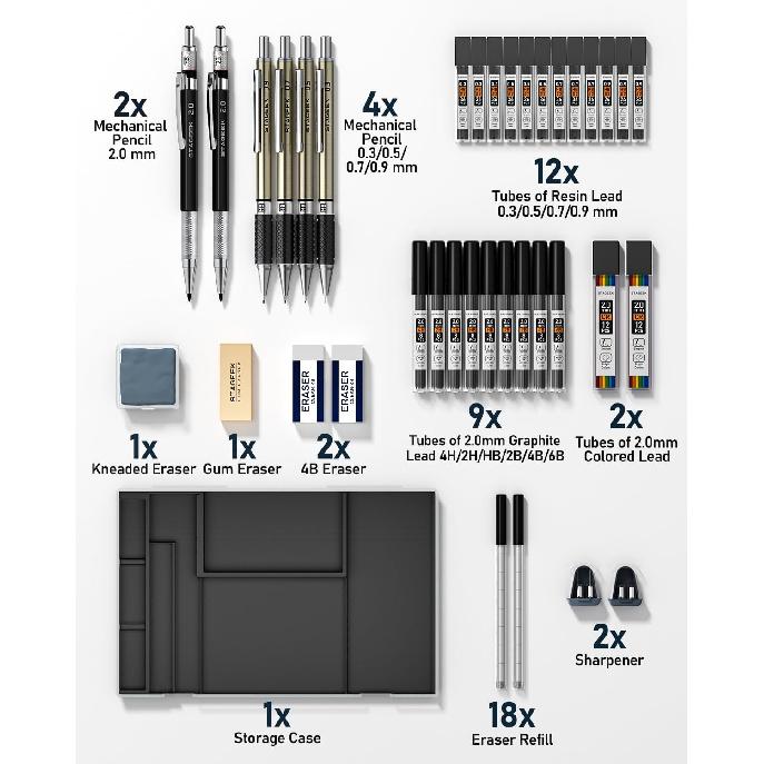Mechanical Pencil Set with Case 37 Count, Drawing Pencils 0.3, 0.5, 0.7, 0.9MM & 2PCS 2MM Sketching Pencils with 492PCS Lead Refills (6B 4B 2B HB 2H
