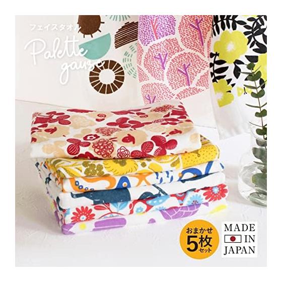 Transparen Japanese Gauze Towel Face Towel Set of 5 Assorted Palette Gauze Towels, One Side Pile, One Side Gauze, Senshu Towel, Quick Dry, Thin,