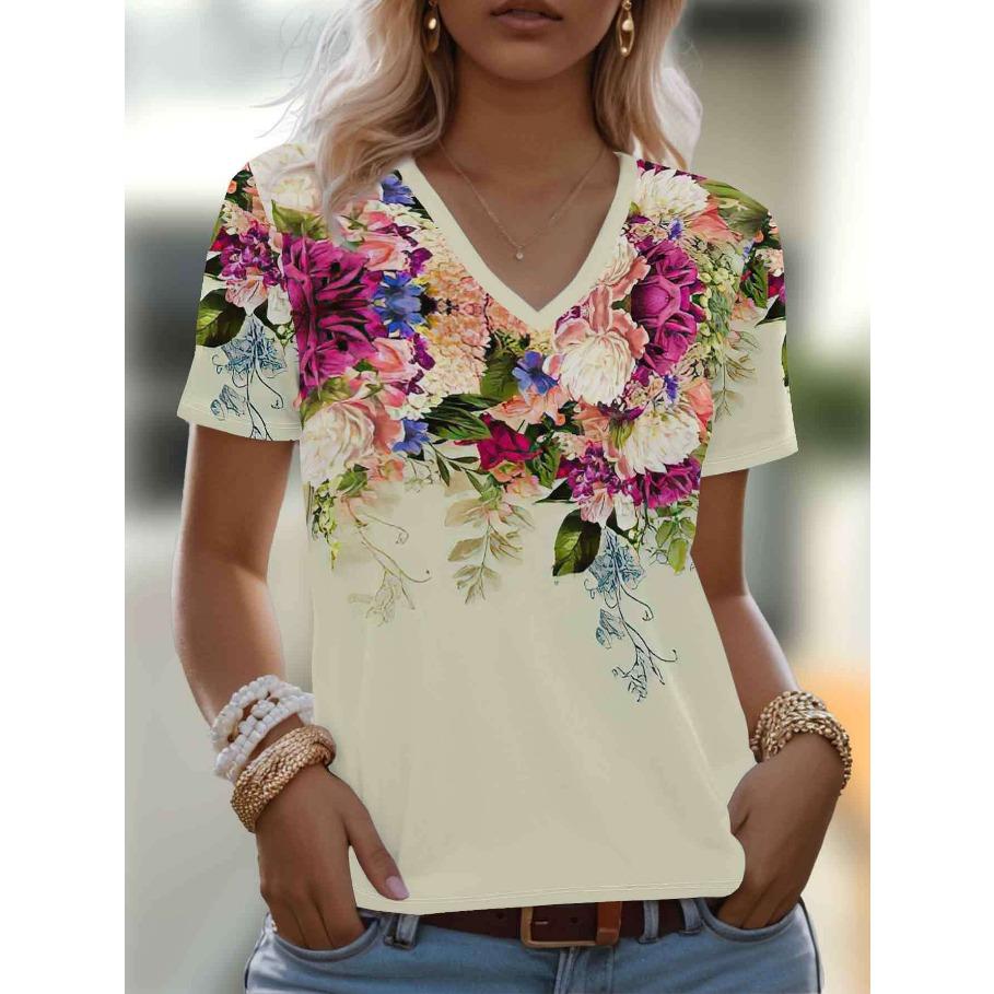 Plus Size Tees Women's Short Sleeved 3D Printed Top Holiday Flower Pattern Weekend Basic V Neck T Shirt Summer