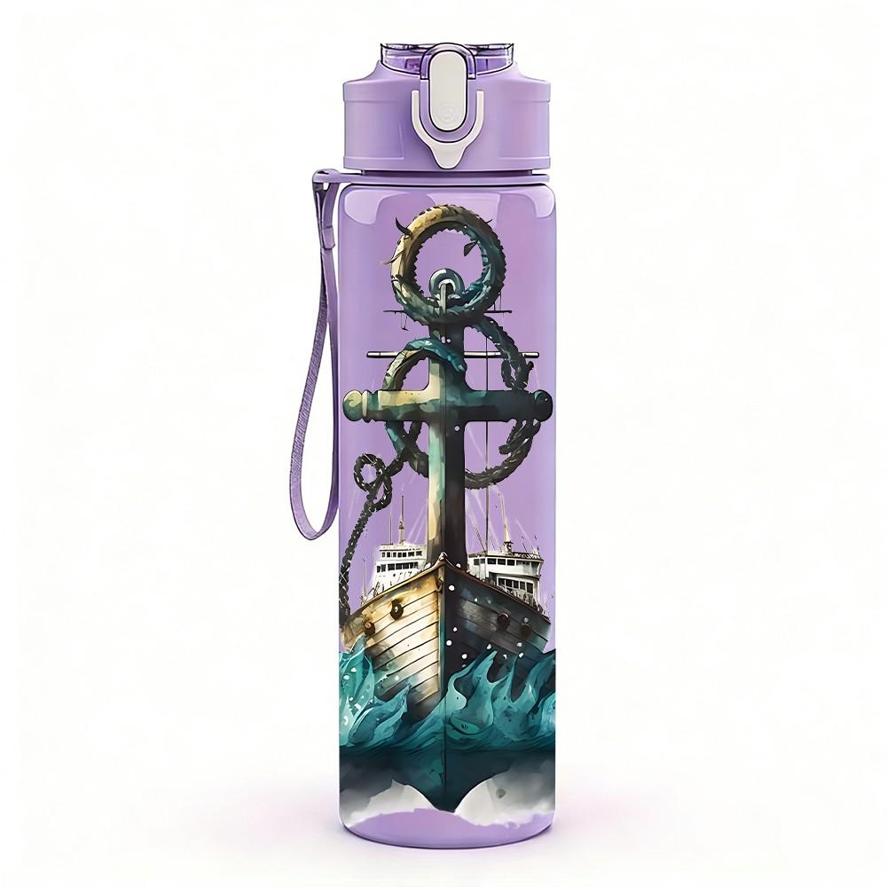 1PC Vintage Anchor Marine Pattern 750ml Color Plastic Sports Water Bottle Leakproof Flip Straw Lid Suitable for Sports Office Home Use