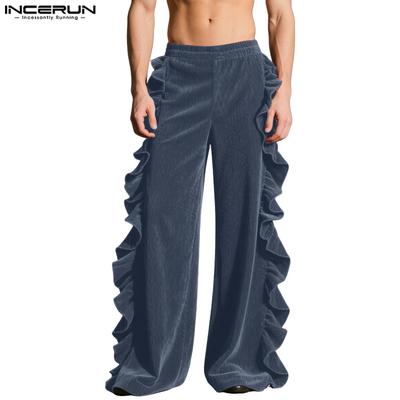Autumn Men Casual Loose Zip-up Elastic Waist Ruffled Wide Legs Pants Trousers