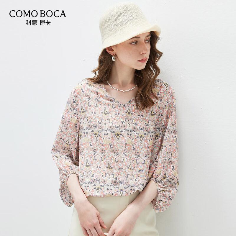 Women s Printed Silk Crepe de Chine 3/4 Sleeve Top M