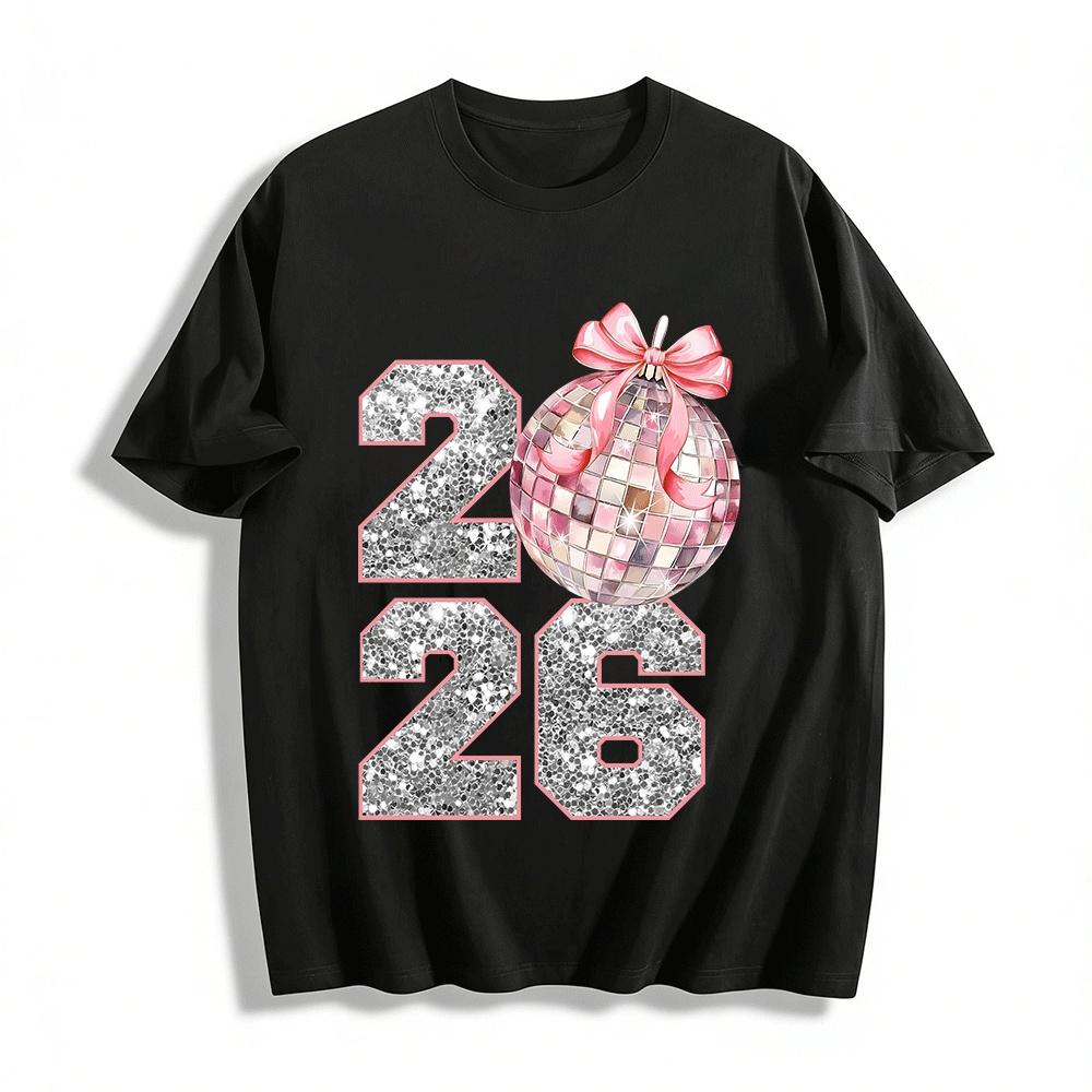 2026 New Year Sequin Disco Ball Print Casual Top Pure cotton T-shirt XXS
