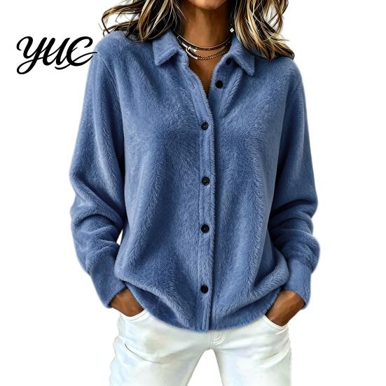 Lapel Shirt Coat Women Plush Cardigan Sweater, Long Sleeve Button Down Knit Jacket, Warm Casual Open Front Outerwear for Autumn Winter