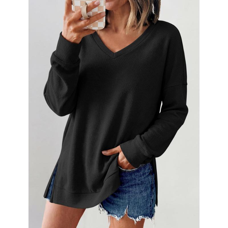 Women S V Neck Loose Long Sleeve Waffle Knit Solid T Shirt