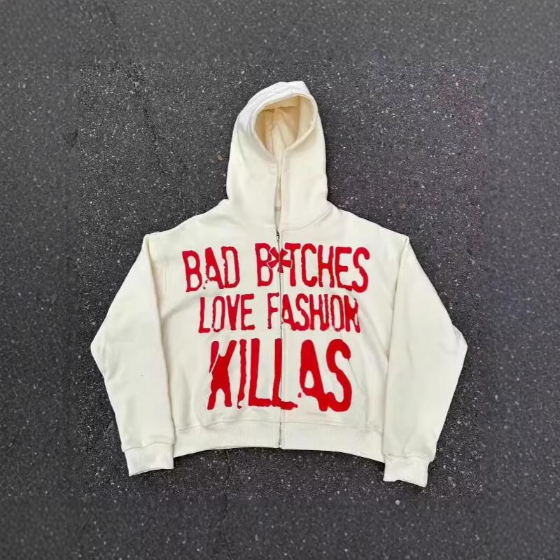 European and American retro street hip-hop letter printed men's and women's loose cardigan hooded sweatshirt Y2K