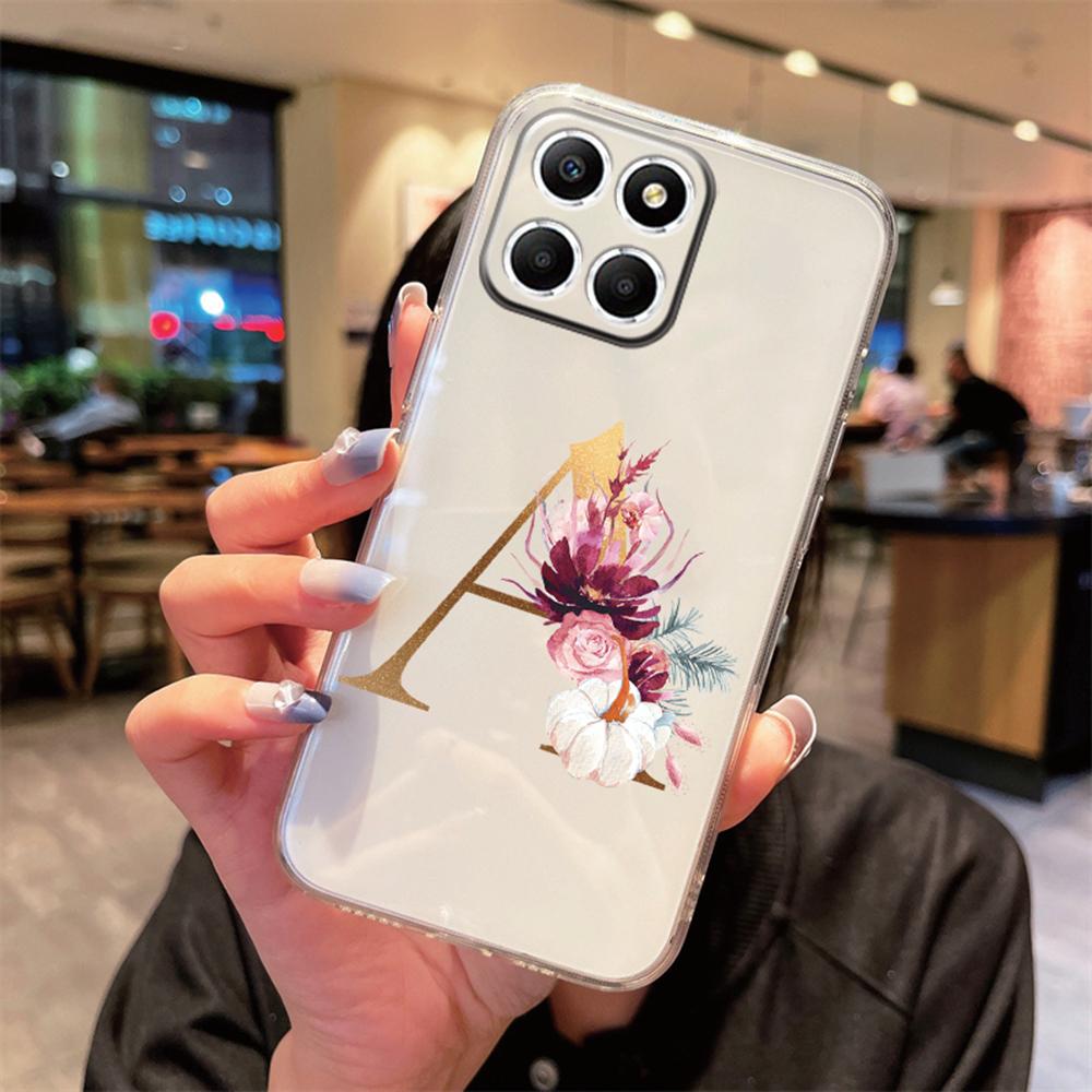 

Rose Flowers Golden Letters Transparent Phone Case For Honor X8 X6 5G X8a X8b X8c X7a X7b X7c Clear Shockproof Protection Cover Honor X8a