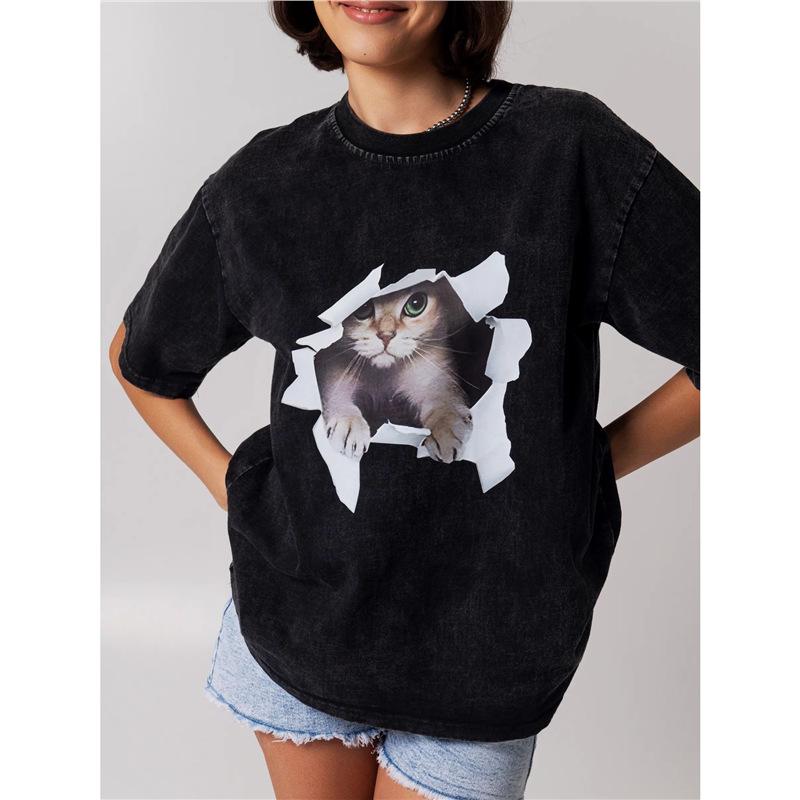 

Винтажный черный топ оверсайз свободного кроя с мультяшным принтом котенка XL промывают черный