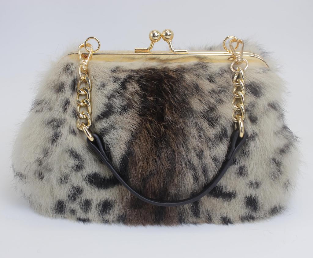 Fosrion Echte Kaninchenfell-Verschluss Handtasche für Damen, Klein, 2-Wege, Tierprint, mit Schultergurt (Braunes Kamm-Muster)