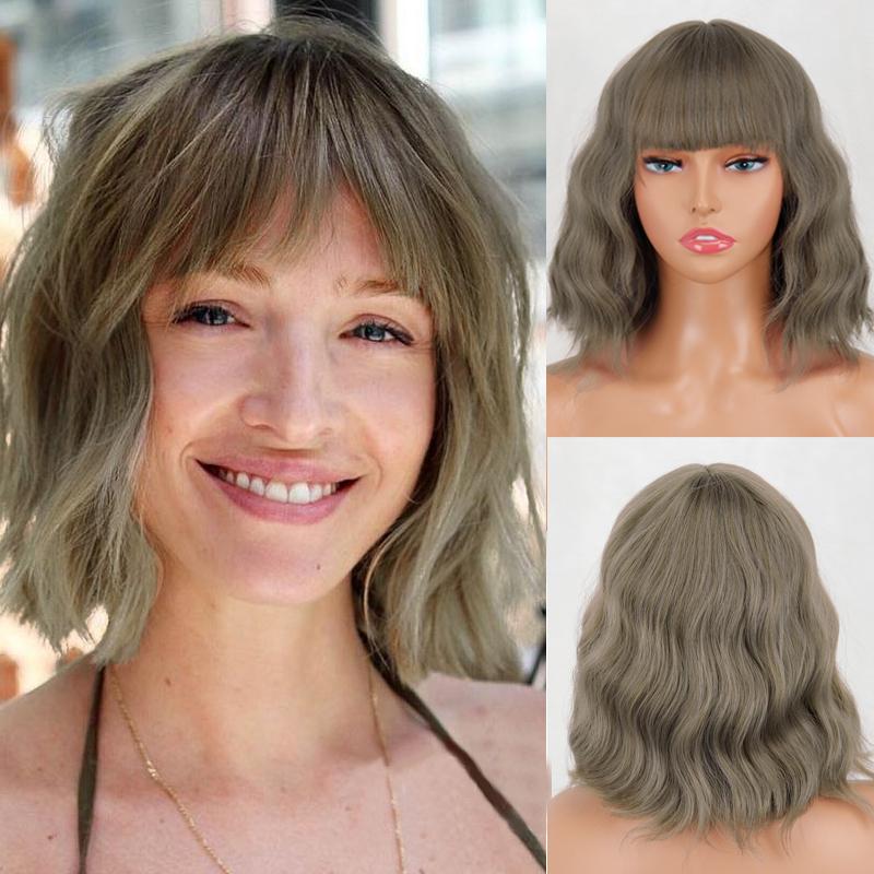 MERISIHAIR Women Short Bob Natural Wavy Pink Wig with Bangs Synthetic Fiber Short Water Wave Wig Daily Wear Cosplay