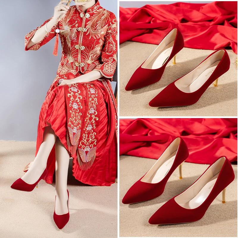 New Retro Wedding Shoes for Women, Red, Daily Wedding, Two High Heels, Thin Heels, Bridal Single Shoes