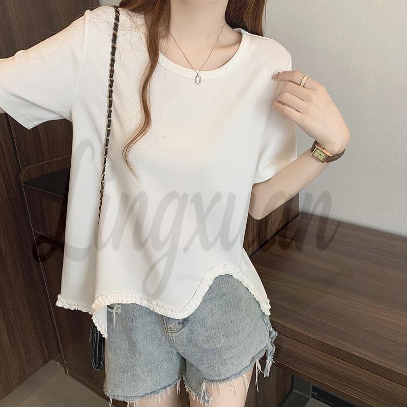 2026 Summer Plus Size Women's Irregular Ruffled Lace Short Sleeve T-shirt