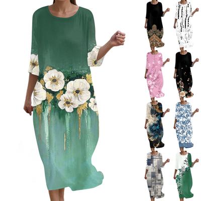Women's Fashionable Printed Round Neck Seven Quarter Sleeve Loose Dress