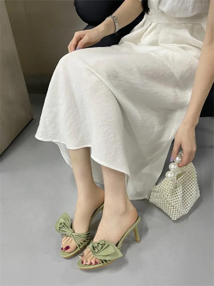 New Fashion Open Toe Narrow Band Butterfly-kont Thin Heels Women Slippers Summer Party Dress Slides Shoes