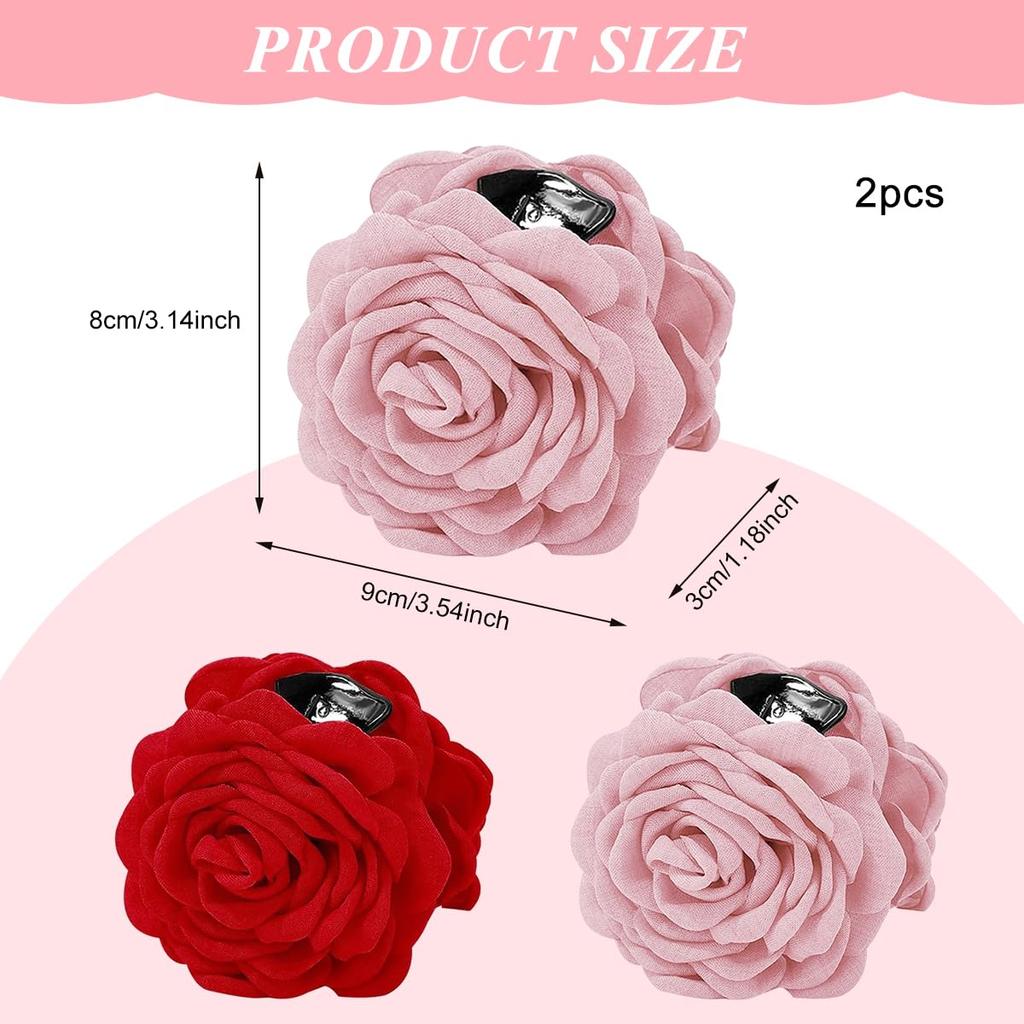 PALAY® 2Pcs Rose Hair Claws Clips for Women 3.5 Inch Flower Claw Clips Summer Hawaii Fashion Flower Hair Clips Women Hair Accessories - Pink & Red