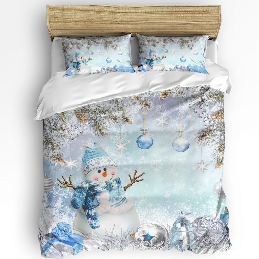 Christmas Poinsettia Ball Fir Leaves Snowman 3pcs Bedding Set For Double Bed Home Textile Duvet Cover Quilt Cover Pillowcase