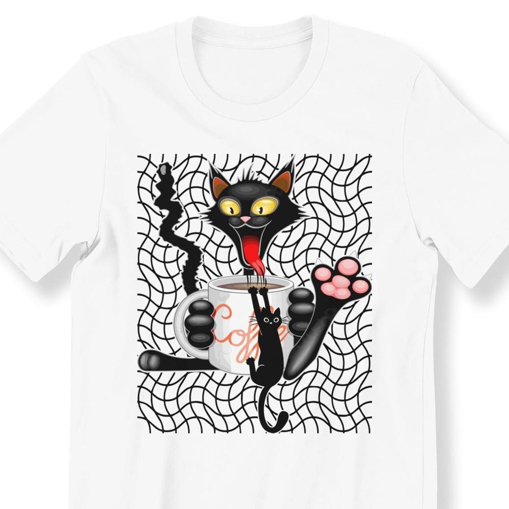 26 Cat And Coffee Lovers Graphic For Men And Women T-shirt Funny Black Cats Gif Unisex T-Shirt XXL