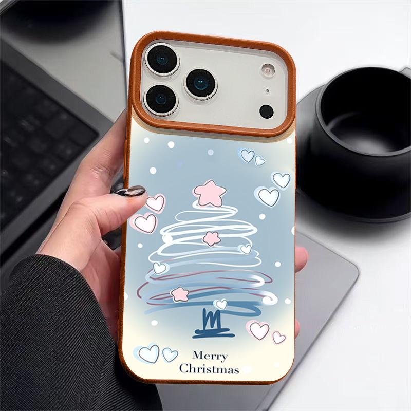 Blue Line Chirstmas Tree Design Shockproof Case for iPhone 17 16 15 14 Pro Max 13 Air - Flexible TPU Cover with Leather Texture