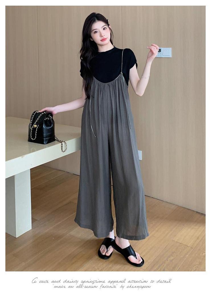 Summer 2026 Maternity Overalls Set: Wide-leg Zipper Overalls + Ice Silk Layer Top