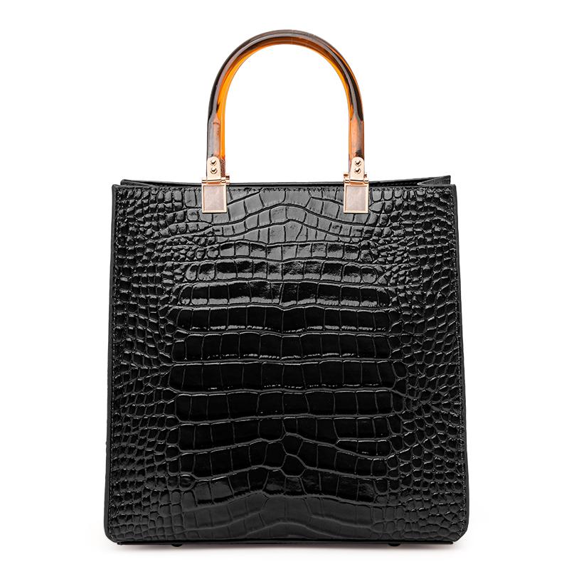 Aidrani Elegant Glossy Croc-Embossed Handbag with Amber Top Handle, Convertible Satchel for Work & Party L чёрный
