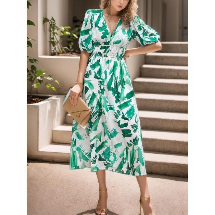 Summer Casual Boho Floral Print Midi Dress Women V Neck Short Sleeve Holiday Long Dress Fashion