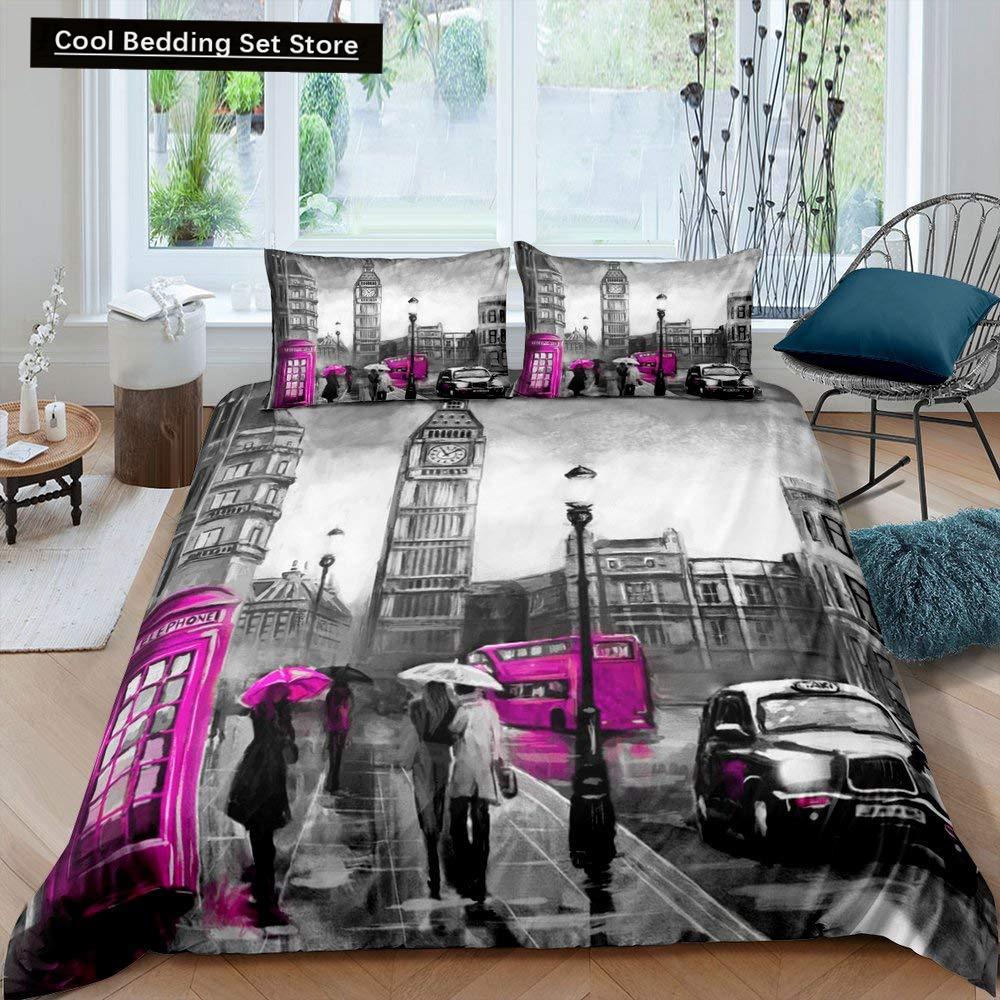 London Telephone Booth King Queen Duvet Cover The Big Ben Bedding Set Retro United Kingdom Quilt Cover Red Grey Comforter Cover