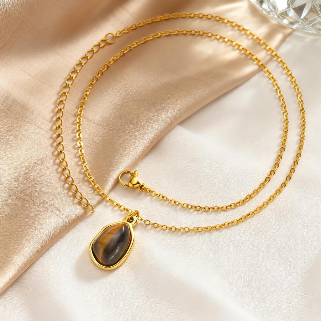 Stainless Steel Natural Tiger'S Eye Water Drop Pendant Necklace Female 2857