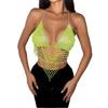 Women Shines Rhinestones Tank Top Halter Body Chain Fishnet Mesh Bra Crop Top Shirt for Night Club Party Raves Outfits