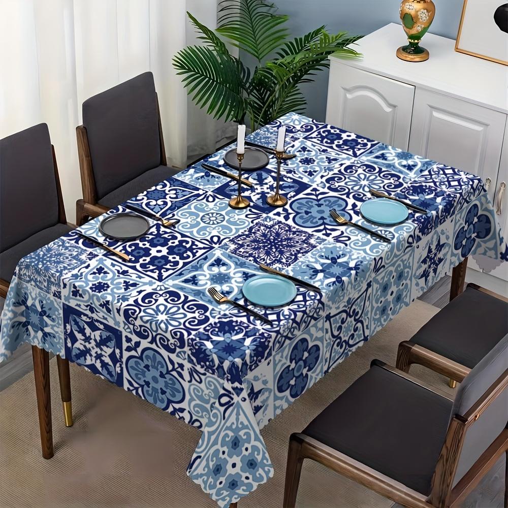 Blue Tile Patchwork Rectangle Tablecloth for Table Decor Elegant Bohemian Style Kitchen Dining Table Cloth Holiday Party Decor
