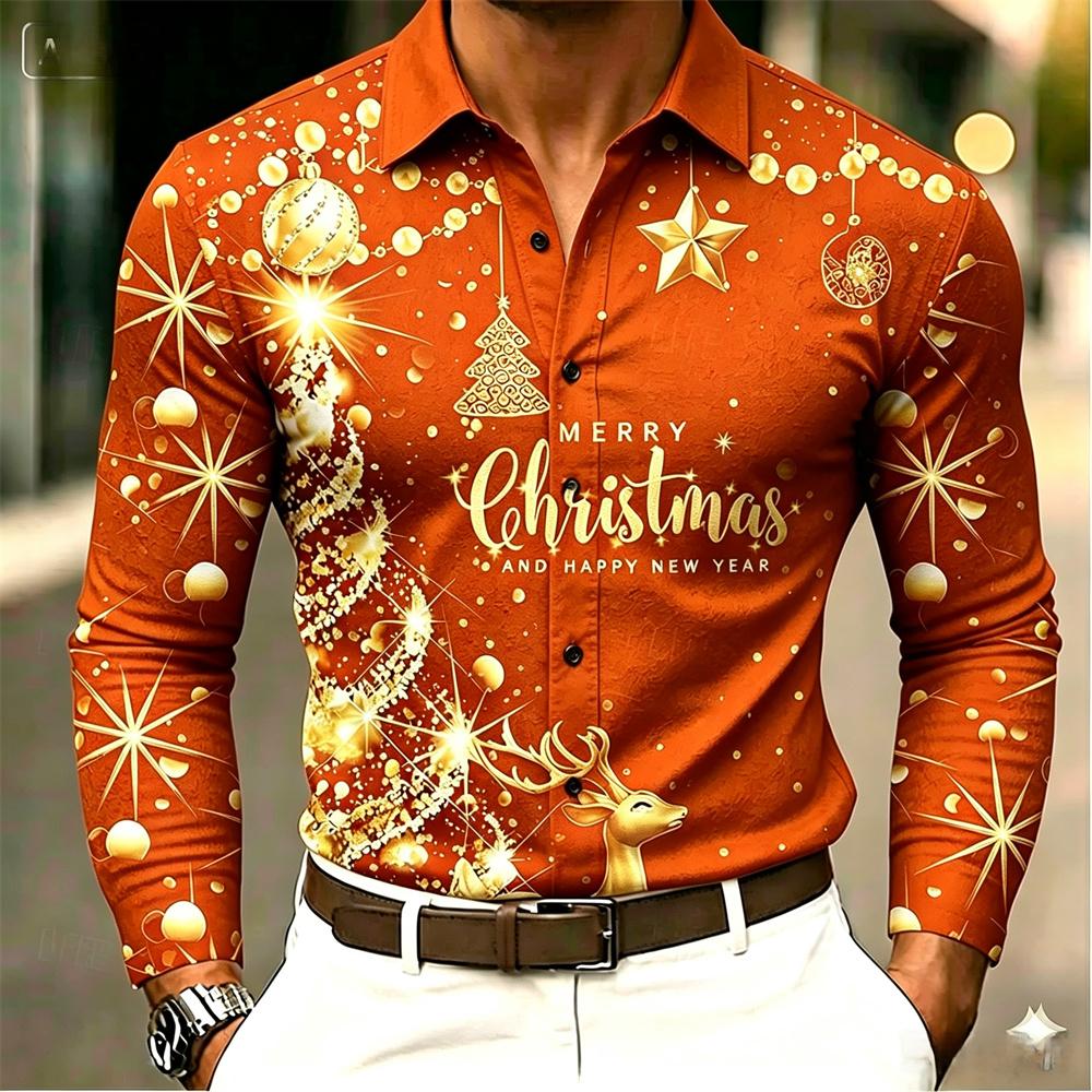 Christmas Men's Elk Christmas Tree Collar Long Sleeve Casual Outdoor Day Wear Festival Wear Button Spring and Autumn Winter Clo