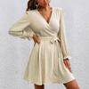 Women's Fashion Casual Solid Color V-Neck Drawstring  Sleeves Patchwork Dress