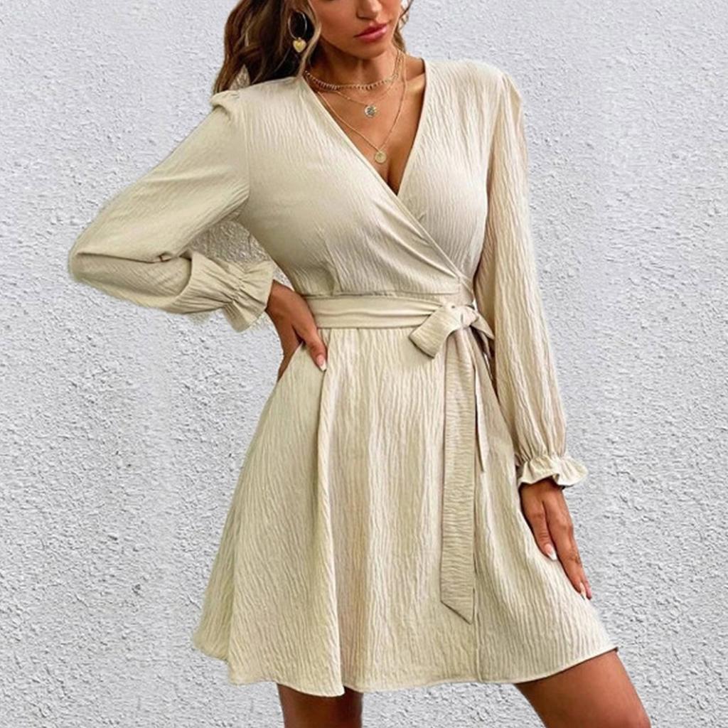 Women's Fashion Casual Solid Color V-Neck Drawstring  Sleeves Patchwork Dress