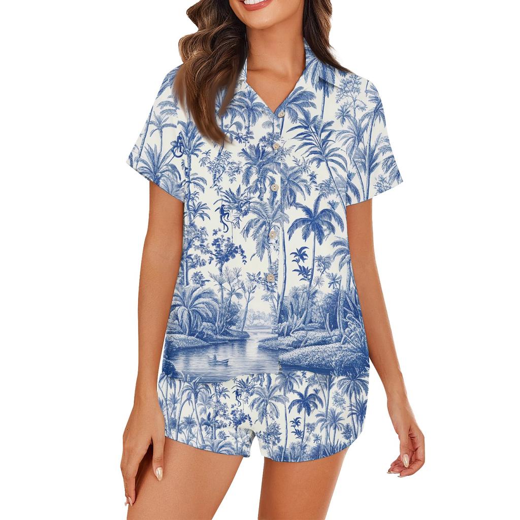 Women's Ice Silk Pajamas Button Homewear Hawaiian Print Short Sleeve Satin Pajama Set
