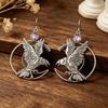 Retro Distressed Silver Raven Crescent Moon Gothic Earrings
