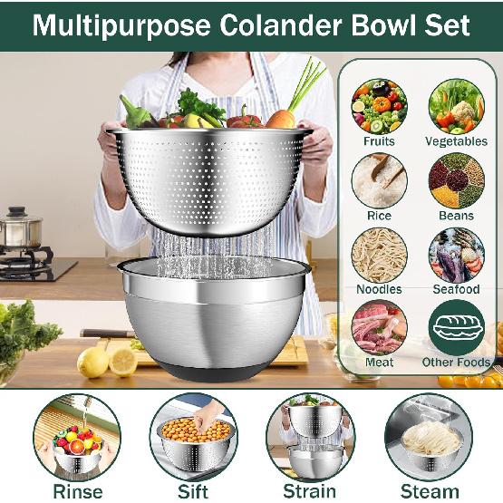 Mixing Bowls with Airtight Lids, Stainless Steel Mixing Bowl Set with 3 Metal Nesting Bowls, Colander & Grater, Non-Slip Bottoms, Size 1.5, 2.5, 5