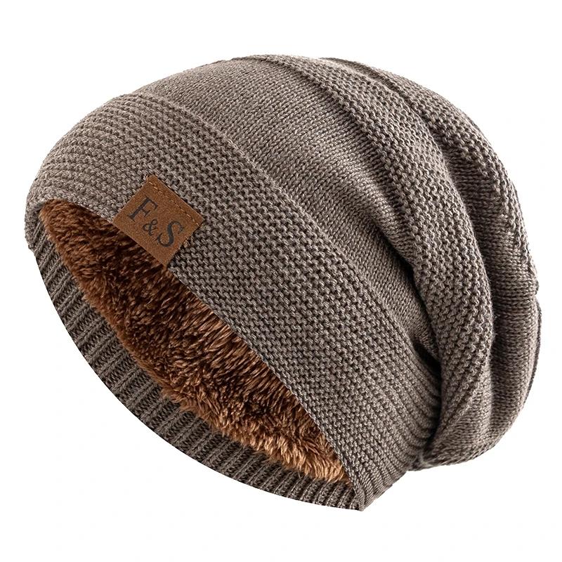 Unisex Classic Slouchy Winter Hats Plush Fur Lined Warm Beanie Cap Men Women Casual FS Label Decor Winter Knitted Hats