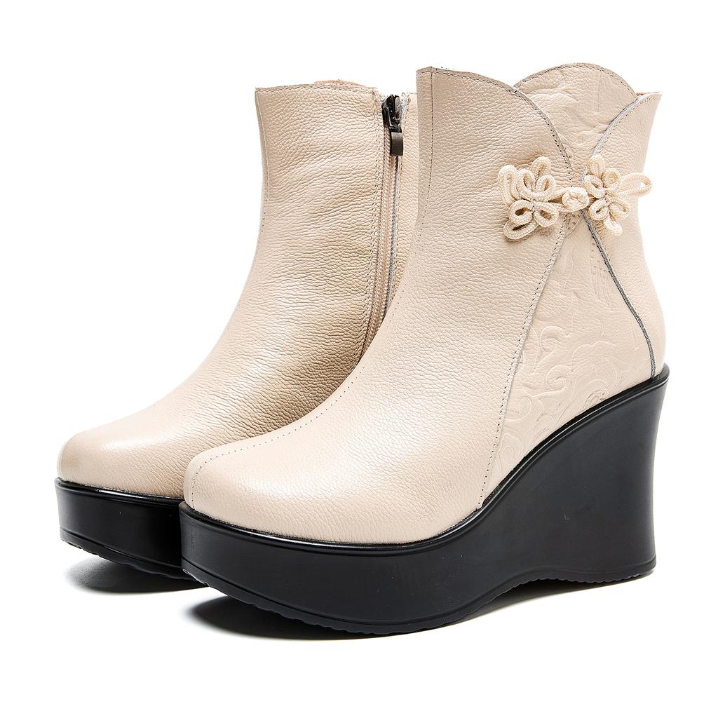 Fashion GKTINOO Handmade Boots For Women Genuine Leather Ankle Shoes Vintage Platform Women Shoes Round Toe Wedges Boots