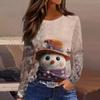 Women's Fashion Casual Slit Hem Round Neck Long Sleeve Loose Printed T-Shirt Ladies Top Christmas