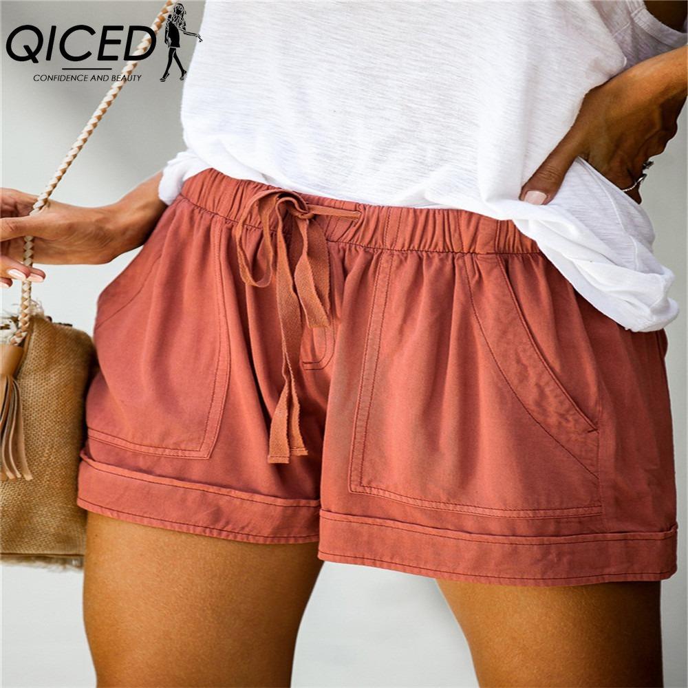 QICED Women's Casual Loose Elastic Waist Plus Size Shorts with Pockets Trousers