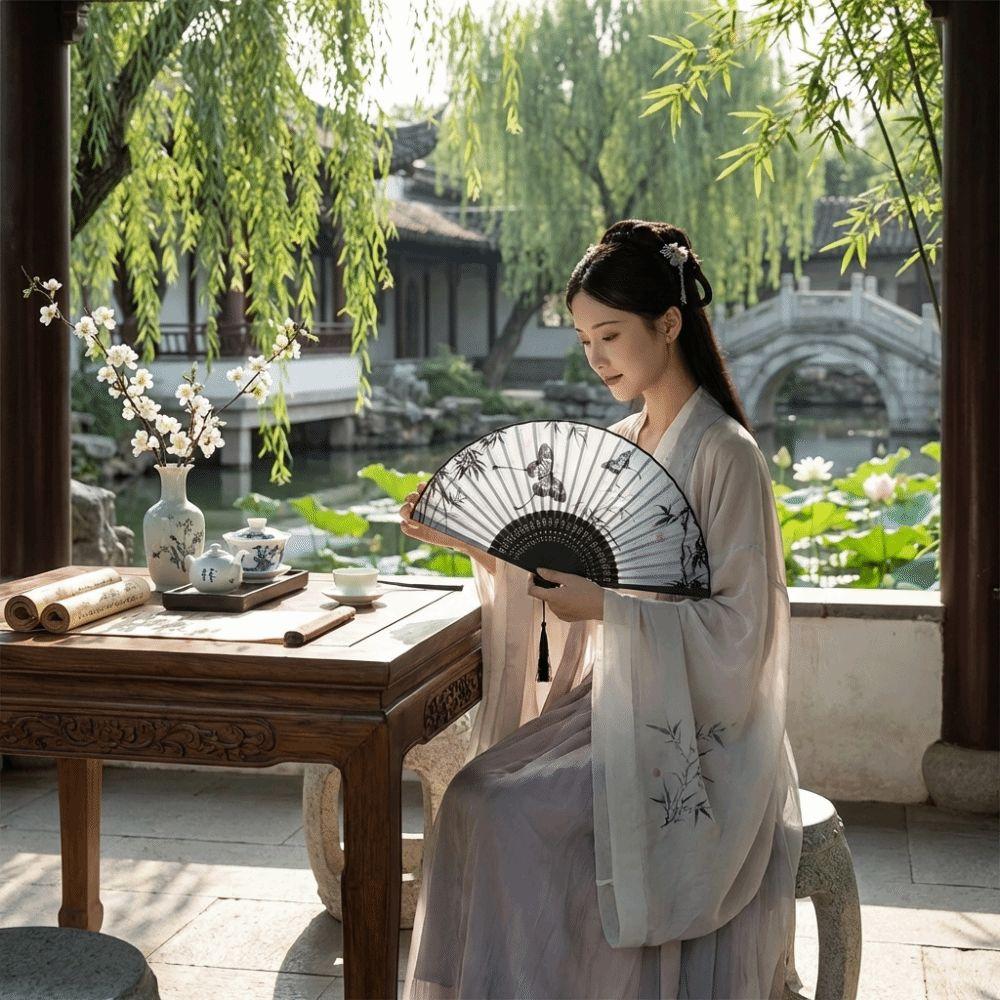 Antique Bamboo Folding Fan Ink Wash Painting Portable Fan Decorative Dance Fan  Summer Use