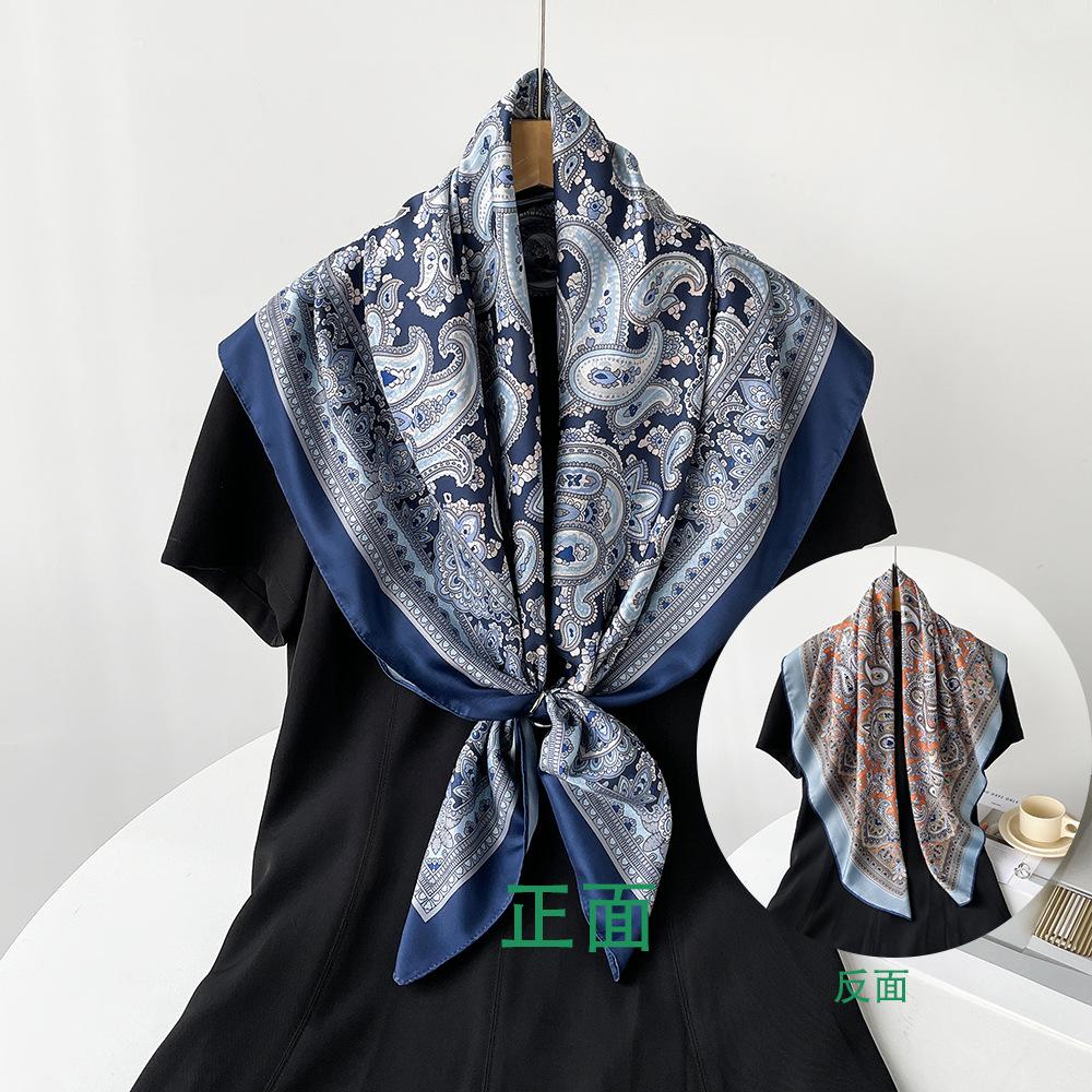 Twill silk double-sided printed silk scarf large square scarf women s new scarf European and American blue cashew headscarf shawl