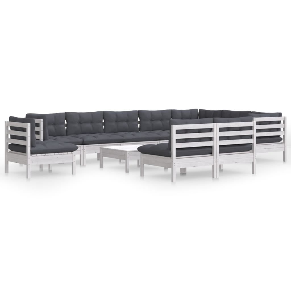 11 Piece Garden Lounge Set with Cushions White Solid Pine Wood