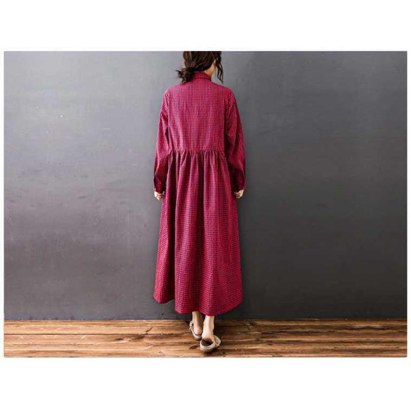 Women's Cotton and Linen Loose Fitting Plaid Mid Length Dress