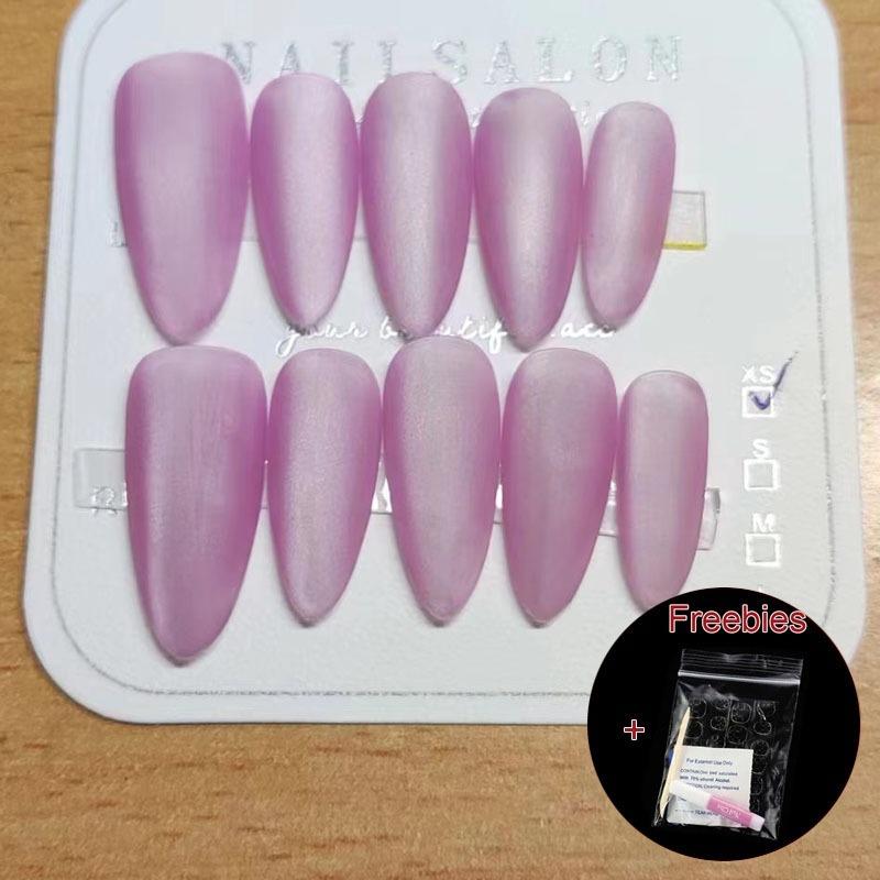 100% HANDMADE Almond Shape Artificial Nail Art Purple Aurora Cat Eyes Full Cat Eyes Matte Frosted Minimalist Nails Reusable and Removable Fake Nails