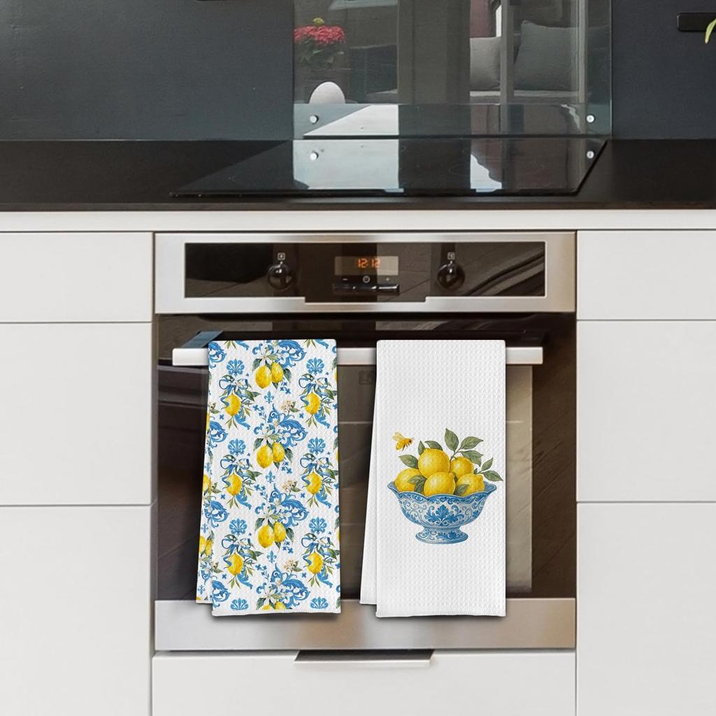Italian Mediterranean Lemons Kitchen Towels, Capri Amalfi Coast Lemon Party Decorative Dish Tea Hand Towels for Kitchen Bathroom Decor,16x24 Inch Set
