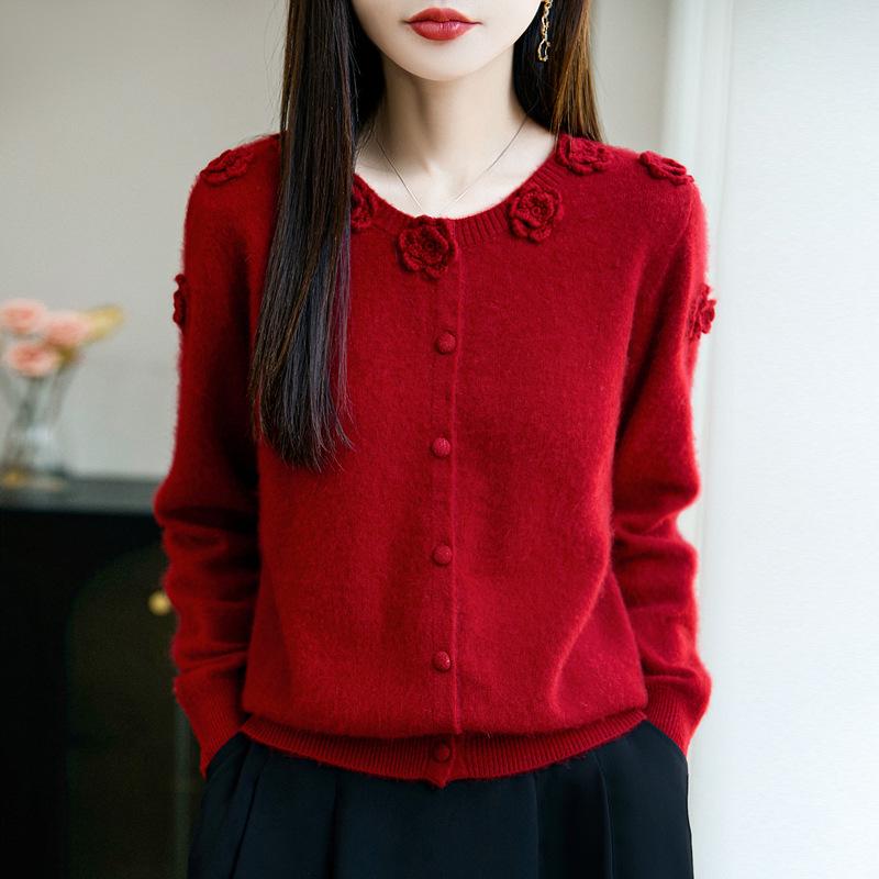 100% Wool Women's Hand-Crocheted Round Neck Cardigan - Nine Roses Sweater Coat for Autumn/Winter