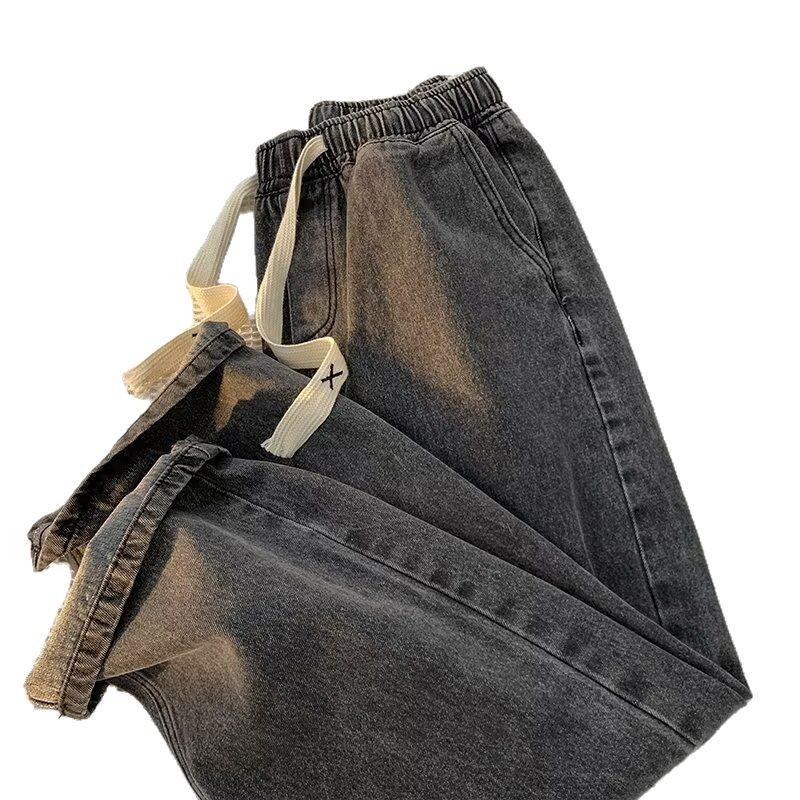 Malaysia Trendy Men's Loose Straight Jeans with Drawstring Waist – Versatile High Street Summer Pants