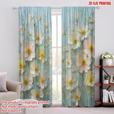 2pcs 2D Flat Printing Scene Curtains White Flowers Bloom Softly Digital Printed Polyester Drapes Festive Curtains Use for Booths