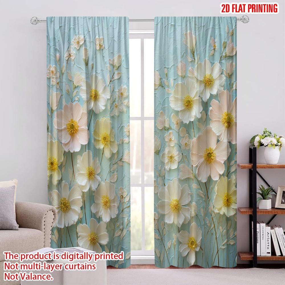 2pcs 2D Flat Printing Scene Curtains White Flowers Bloom Softly Digital Printed Polyester Drapes Festive Curtains Use for Booths